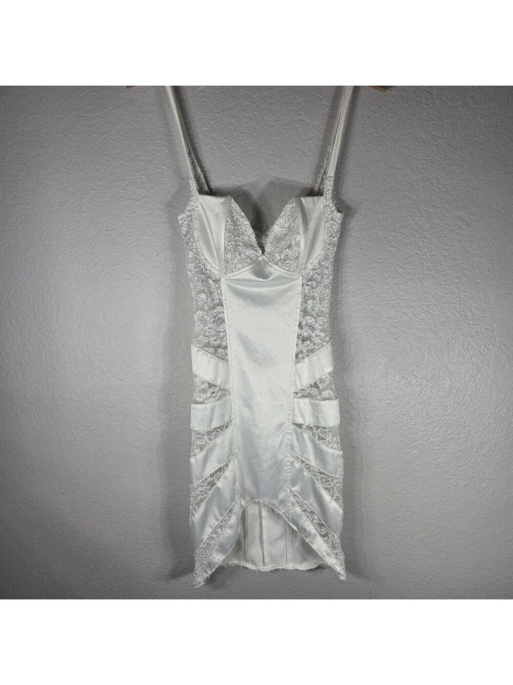 Nom De Plume White XS Bodycon Mini Dress Semi Lace-Up Satin Spaghetti Straps